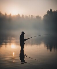 man fishing from a boat with a fishing rod, calm lake, sunset, silhouette

