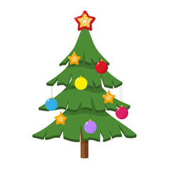 Christmas tree decorated ornaments with balls and stars. Evergreen coniferous tree which has a distinctive conical shape and hanging cones. Symbol of Christmas and New Year. Vector illustration.