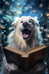 cheerful cute fluffy dog, puppy reads literature. magic and imagination from learning. is delighted with the training