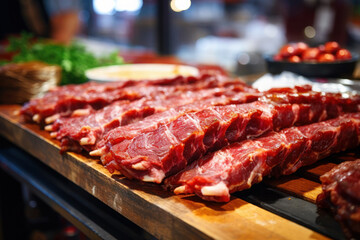 Naklejka premium Variety of Raw meat. steak, Ribeye, Tenderloin fillet mignon from pork or beef. cooking or barbecue ingredients