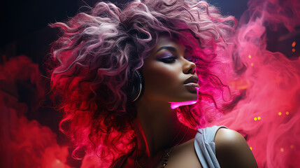 Fashion portrait of a beautiful young woman with bright make-up and hairstyle in a nightclub and neon lights