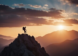 Fototapeta premium silhouette of a climber climbing a cliffy rocky mountain against the sun at sunset