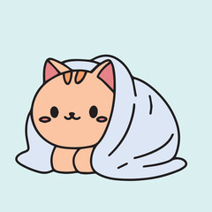 Cute little cat under blanket. Cozy kitty wrapped in blanked colored outline. Hand draw vector illustration.