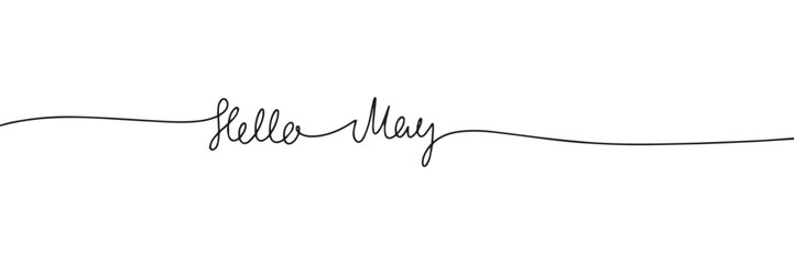 Hello May one line continuous banner. Handwriting holiday banner. Hand drawn vector art.
