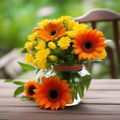 Fototapeta premium Florero de cristal transparente con flores de color naranja y amarillo sobre una mesa de madera y un fondo verde 