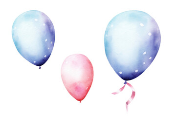 Set of watercolor balloons for holiday, birthday, party, celebrate, isolated on white background.