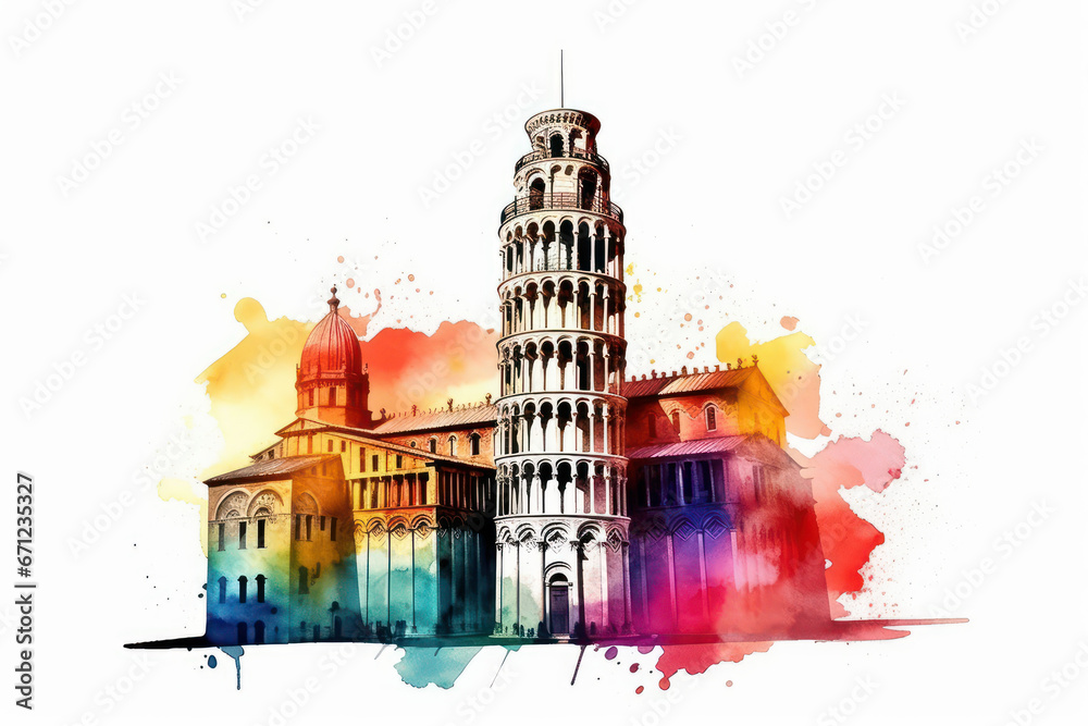 Wall mural watercolor drawing of the tower of pisa in italy. generative ai.