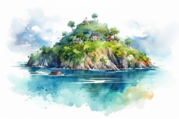 Watercolor drawing of Phuket Beach in Thailand. Generative AI.