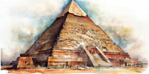 Watercolor drawing of the great pyramid of Egypt. Generative AI. - obrazy, fototapety, plakaty