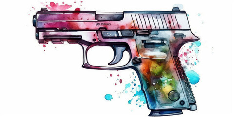 Watercolor drawing of a firearm. Generative AI. - obrazy, fototapety, plakaty