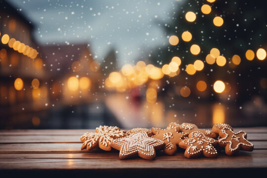 Galletas de Jengibre Navide&ntilde;as en una Mesa de Madera con Fondo Bokeh