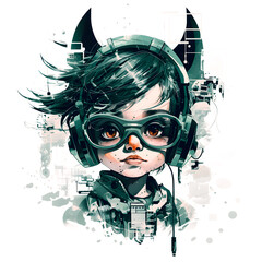 futuristic cute tiny girl with flat 2D illustration in the Style of Deconstructive Imagery Featuring futuristic technology Isolated on a Transparent Background, Illustration and Clip Art for T-shirt