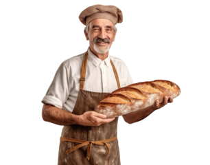 Middle-aged baker with delicious fresh bread, cut out