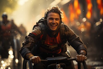 Laughing go-kart driver during a street race - obrazy, fototapety, plakaty