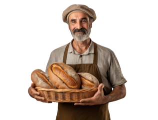 Middle-aged baker with delicious fresh bread, cut out