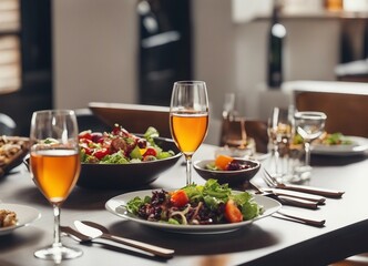 an elegant table with plates of food and wine glasses next to a bowl of salad and a glass of wine

