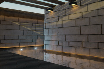 3D rendering of spa with hot thermal water and stone blocks wall