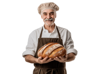 Middle-aged baker with delicious fresh bread, cut out