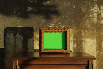 3d rendering of aged picture frame with green screen standing on wooden commode