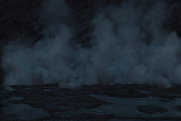 3d rendering of rocky environment with rising smoke at the end - obrazy, fototapety, plakaty