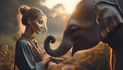 Portrait of woman in wilderness with baby elephant at sunset, wildlife background, wallpaper