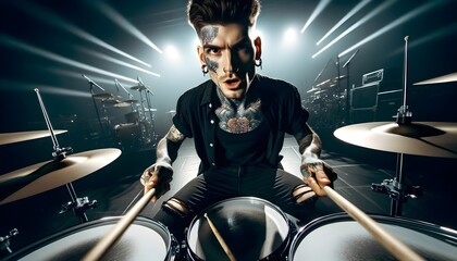 Fototapeta premium Portrait of heavy metal tattooed drummer drumming at concert, hard rock concept, musical background