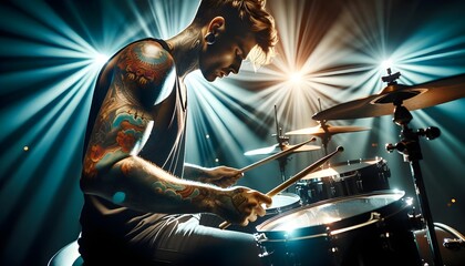 Portrait of heavy metal tattooed  drummer drumming at concert, hard rock concept, musical background