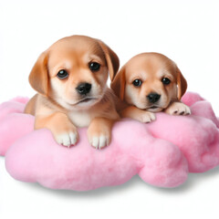 Cute puppy on a pink cloud isolated on white background. ai generative