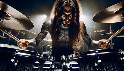 Portrait of heavy metal tattooed  drummer drumming at concert, hard rock concept, musical background