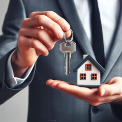 Real estate agent holding house keys close up. ai generative