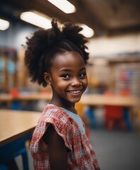portrait of a black girl with a sincere American smile in kindergarten