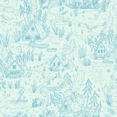 Hand-drawn vector lake cabin seamless pattern, Rustic forest house texture - 671236706