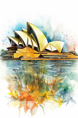 Watercolor drawing of the Sydney Opera House. Generative AI.