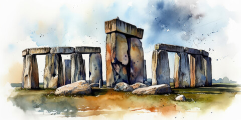 Watercolor drawing of the Stonehenge stone monument. Generative AI. - obrazy, fototapety, plakaty