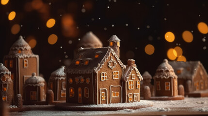 Fototapeta premium Gingerbread house background. Homemade Christmas Gingerbread House on table over blurred bokeh background. Christmas background with copy space. Happy new year and happy winter holidays concept.
