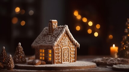 Gingerbread house background. Homemade Christmas Gingerbread House on table over blurred bokeh background. Christmas background with copy space. Happy new year and happy winter holidays concept.