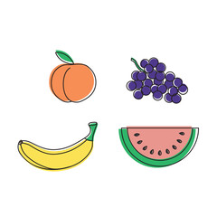 Fun Fruit Illustration, Playful Peach, Grapes, Banana, Watermelon Vector Artwork