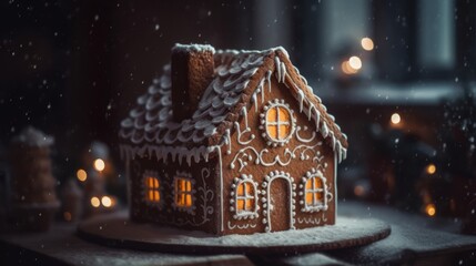 Gingerbread house background. Homemade Christmas Gingerbread House on table over blurred bokeh background. Christmas background with copy space. Happy new year and happy winter holidays concept. - obrazy, fototapety, plakaty