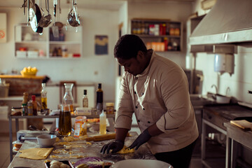Chef Preparing Dough in a Sunlit Kitchen