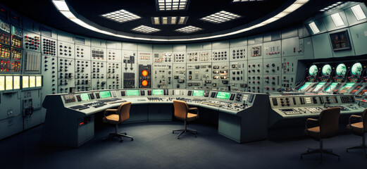 Nuclear plant control room as imagined by Generative AI - obrazy, fototapety, plakaty