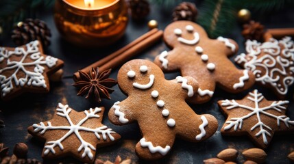 Christmas gingerbread man cookies and spices stock photo