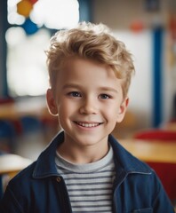 portrait of a white American boy with a friendly smile in kindergarten