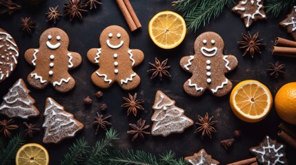 Naklejka premium Christmas gingerbread man cookies and spices stock photo