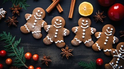 Naklejka premium Christmas gingerbread man cookies and spices stock photo