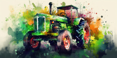 Watercolor drawing of a green tractor. Generative AI.