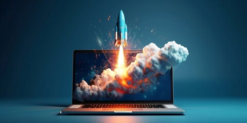Rocket coming out of laptop screen, innovation and creativity concept, background. AI generative - obrazy, fototapety, plakaty