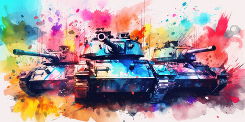 Watercolor drawing of combat tank. Generative AI.
