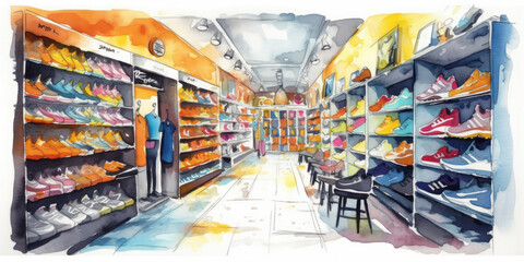 Fototapeta premium Watercolor drawing of the interior of a supermarket. Generative AI.