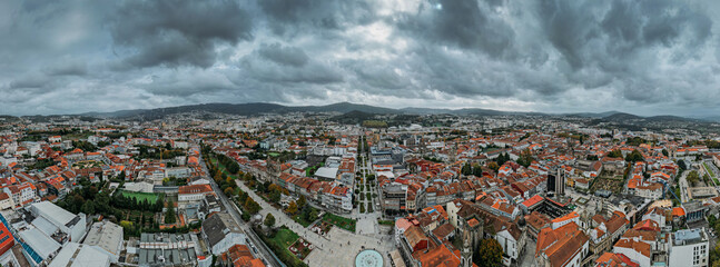 Aerial drone panoramic view of historic city of Braga in northern Portugal
