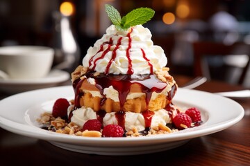 Pancake dessert with red berries, nuts, cream and some mint leaves served on a restaurant table